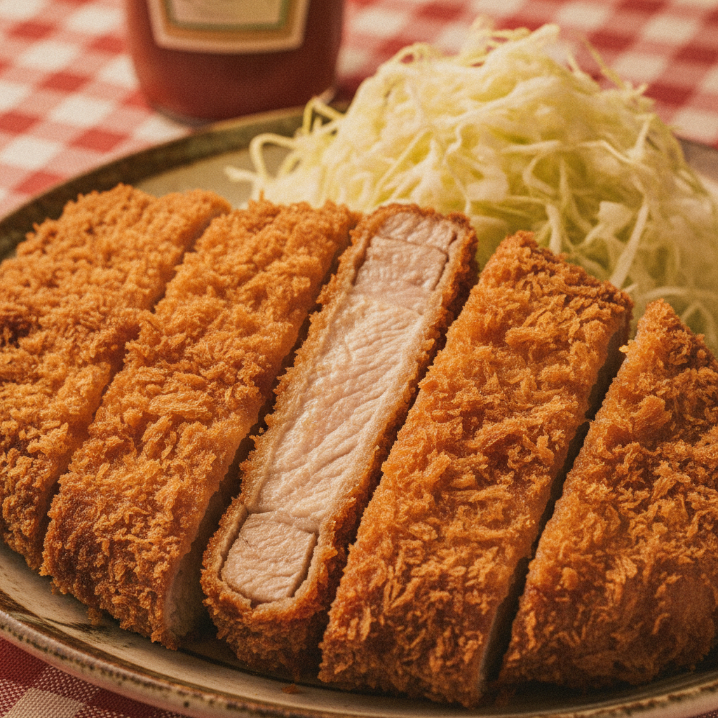 揚げたての三元豚とんかつ — golden panko-crusted pork cutlet sliced to reveal juicy interior